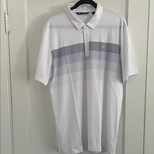 Travis Mathew Polo in White with Blue & Gray Accent Stripes